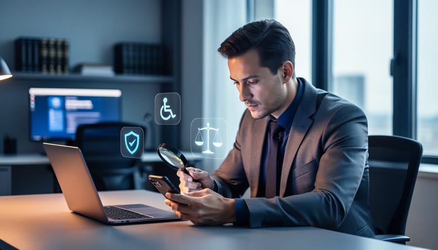 Marketing professional using a magnifying glass to examine a smartphone beside a laptop, with subtle floating icons for accessibility, a shield, and justice scales in a softly lit modern office.