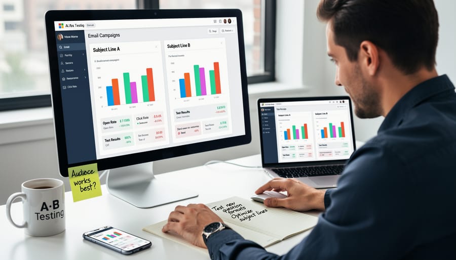 Marketing professional analyzing email performance metrics while drafting subject lines