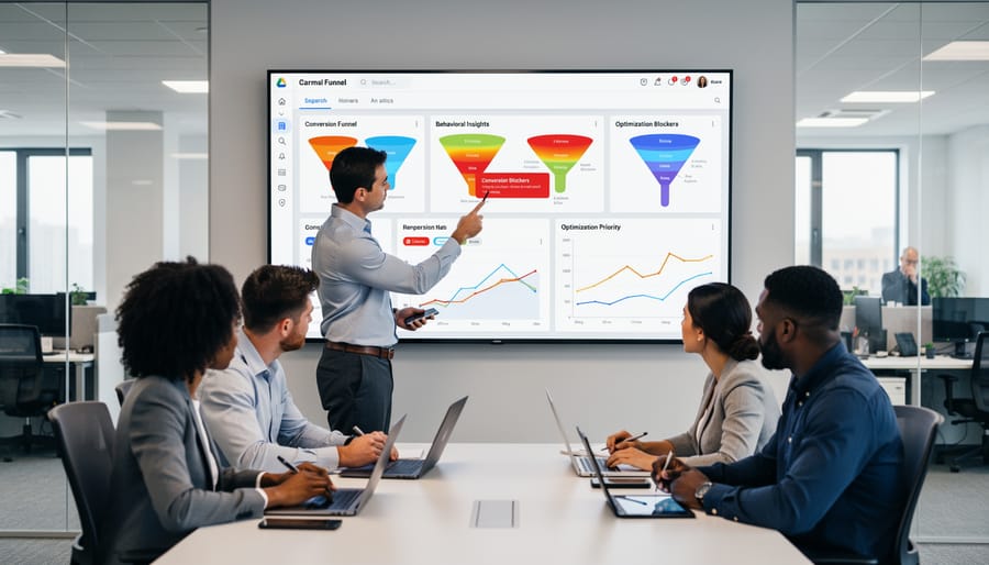 Business team collaborating while reviewing website behavioral analytics data