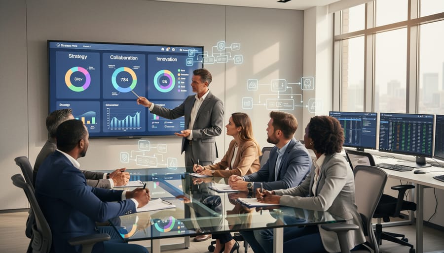 Marketing team collaborating on SEO strategy in modern office setting