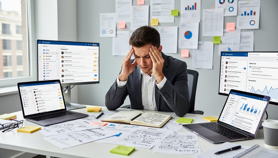 Marketing professional overwhelmed by manual email campaign management and scattered data