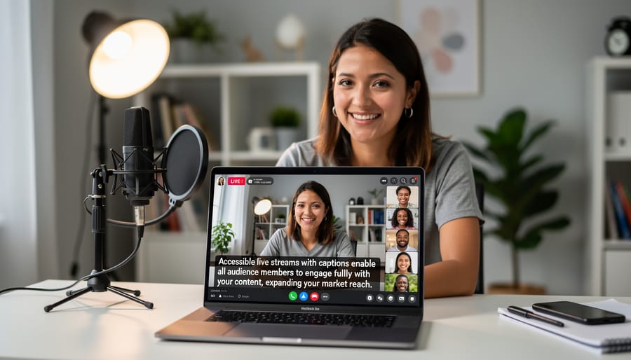 Diverse business professionals engaged in watching presentation with closed captions on screen