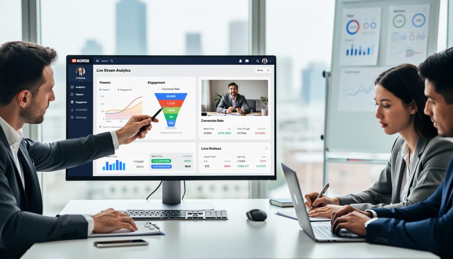 Business owner analyzing live stream performance metrics on laptop in modern office