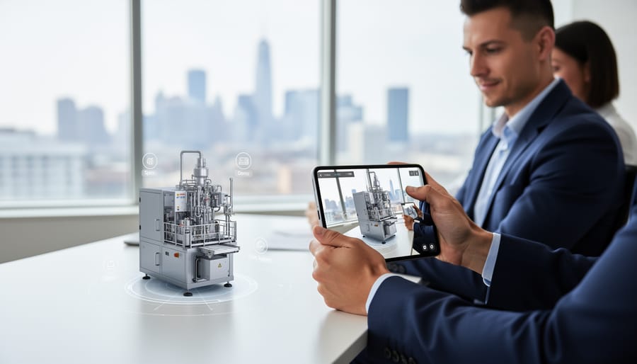 Marketing professionals viewing AR product demonstration on tablet in business setting