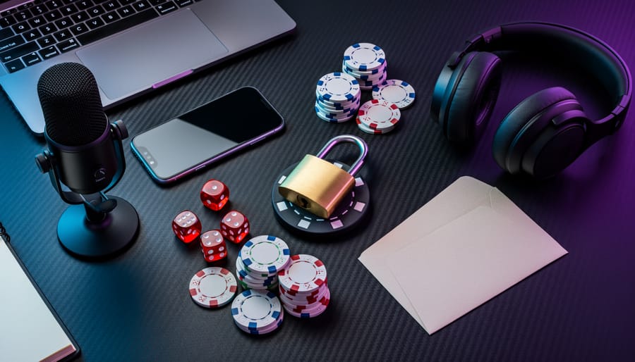 Top-down still life of a gold padlock on a black casino chip with poker chips, dice, a podcast microphone, headphones, a smartphone with the screen off, and a paper envelope on a dark desk, representing compliant iGaming marketing channels.