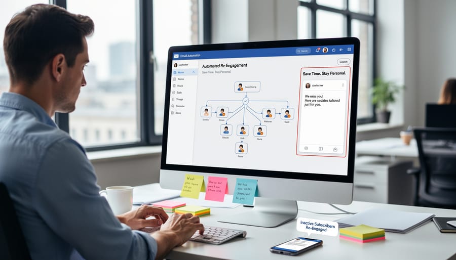 Overhead view of marketer setting up automated email campaigns on laptop