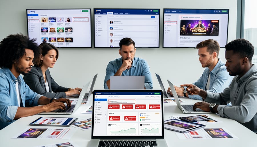 Business professional reviewing online gambling marketing analytics on multiple devices