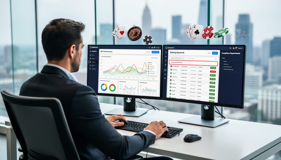 Laptop and smartphone showing search engine optimization research for gambling content