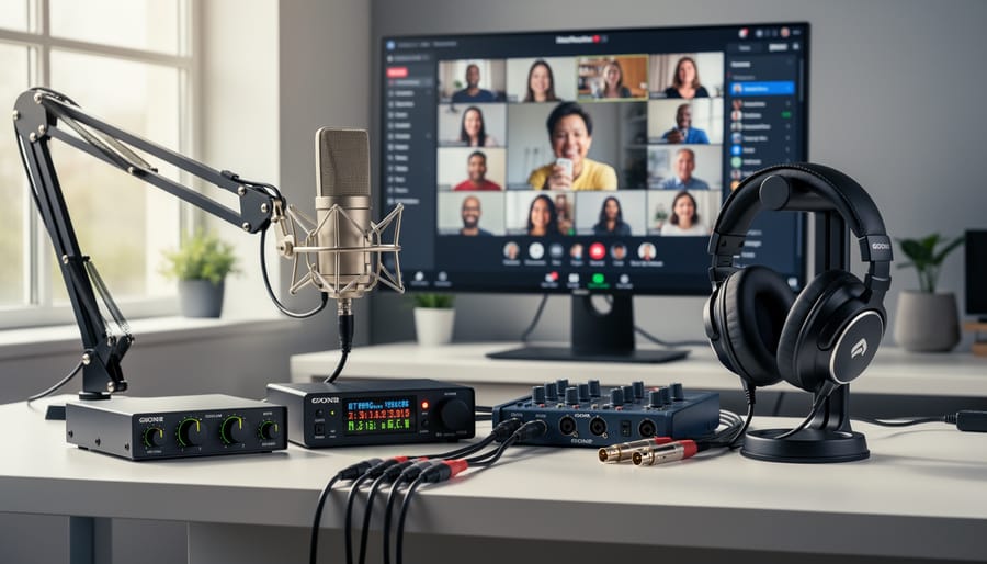 Professional microphone setup for live streaming with laptop in background