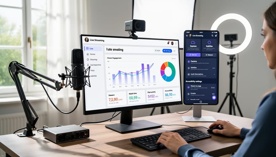 Person managing live stream on laptop with smartphone showing viewer engagement metrics
