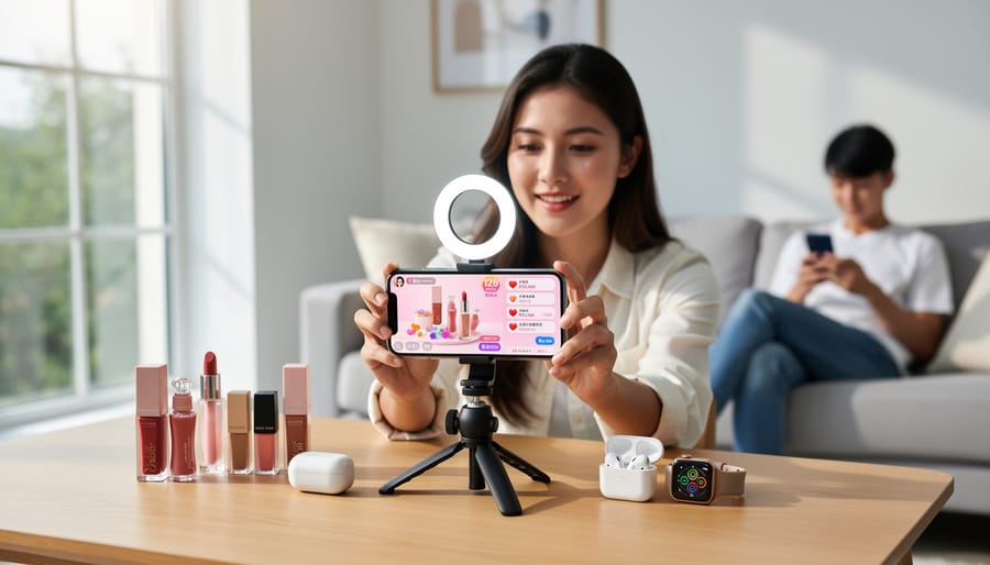 Smartphone displaying live shopping stream being held over modern desk workspace