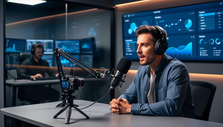 Livestream presenter at a studio desk with microphone and camera, while a moderator behind glass watches a multi-monitor setup; cool, professional lighting with blurred screens showing abstract, textless visuals.