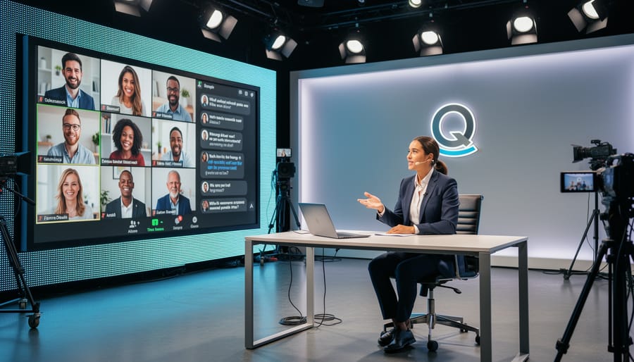 Business professional conducting a live Q&A session in front of camera with laptop