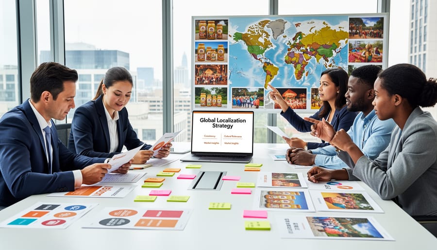 Marketing team reviewing brand materials and guidelines during localization planning session