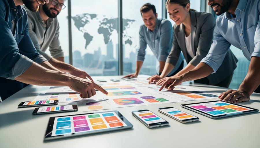 Diverse marketing team around a table reviewing printed imagery and smartphones with text-free interface blocks, with a blurred unlabeled world map on a glass wall in the background.