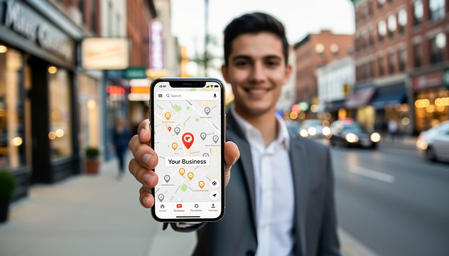 Hands holding smartphone showing map application with business location markers