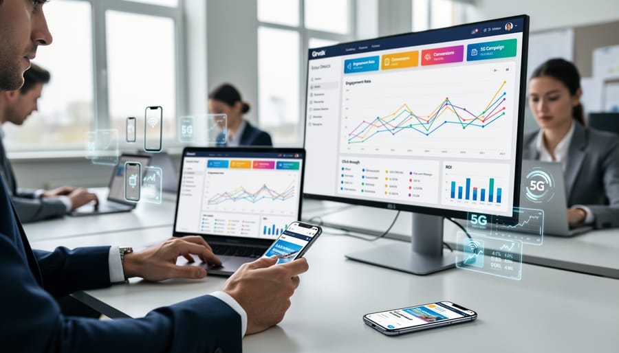 Business professional analyzing mobile marketing metrics on tablet device