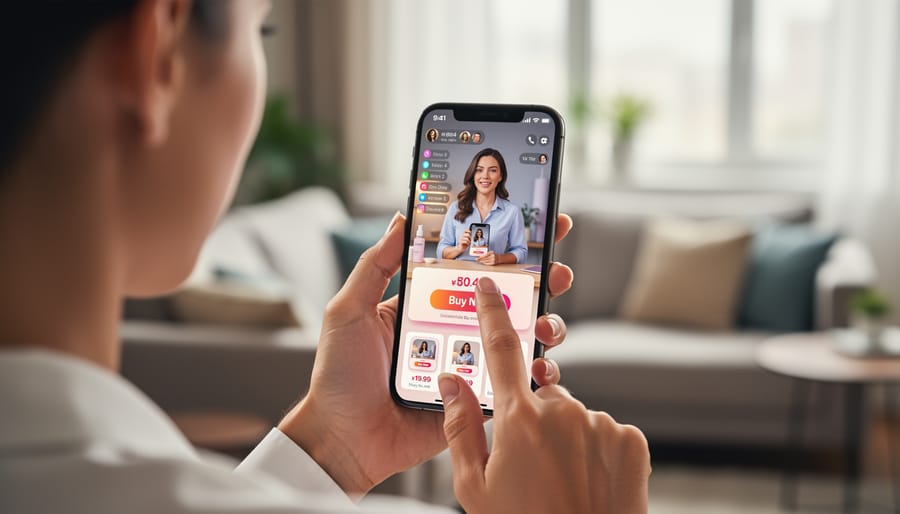 Close-up of hands using smartphone to purchase products during live shopping stream