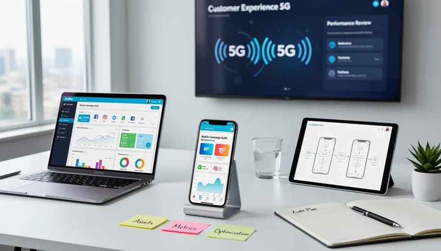 Business workspace with mobile devices and planning materials for mobile strategy review