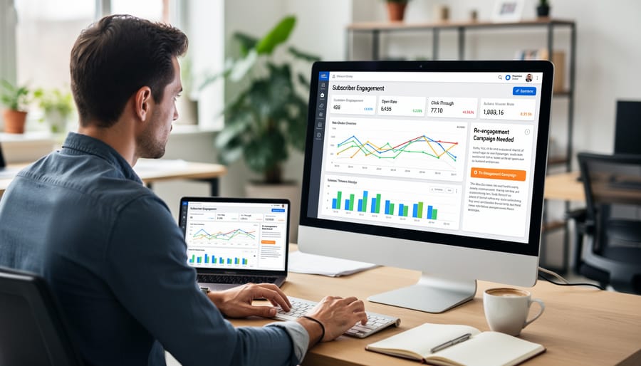Business professional reviewing email subscriber data on laptop in office