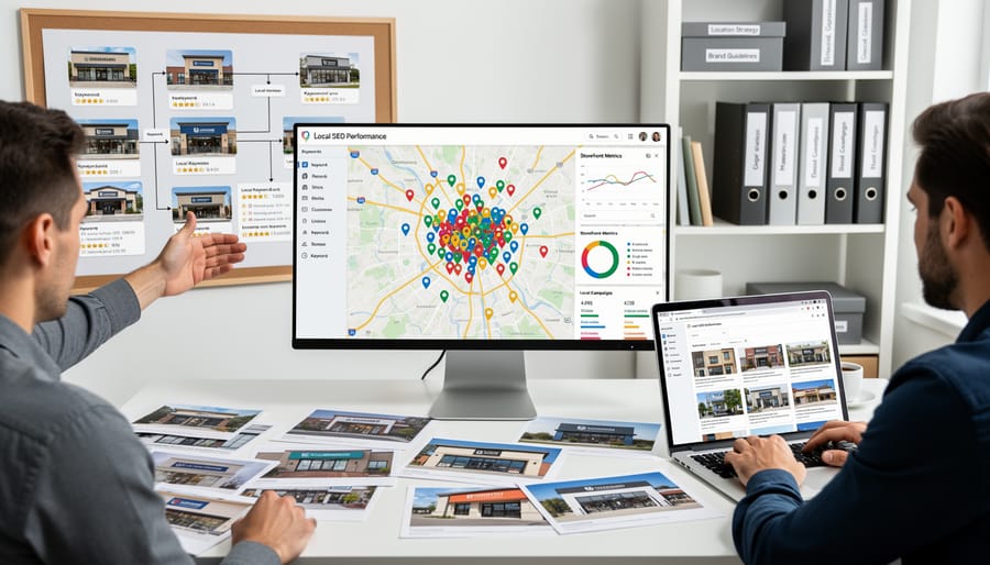 Multiple retail storefronts on urban street showing different business locations