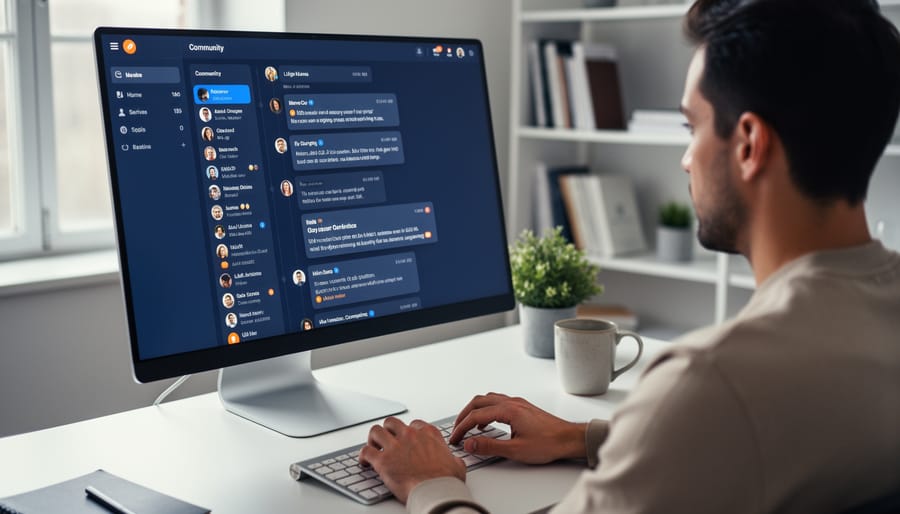 Over-the-shoulder view of a marketer typing at a desktop in a bright office, with blurred community discussion windows on screen and soft daylight, conveying authentic participation without visible text.