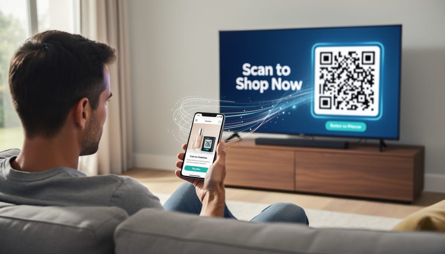 Hand holding smartphone scanning QR code from television advertisement