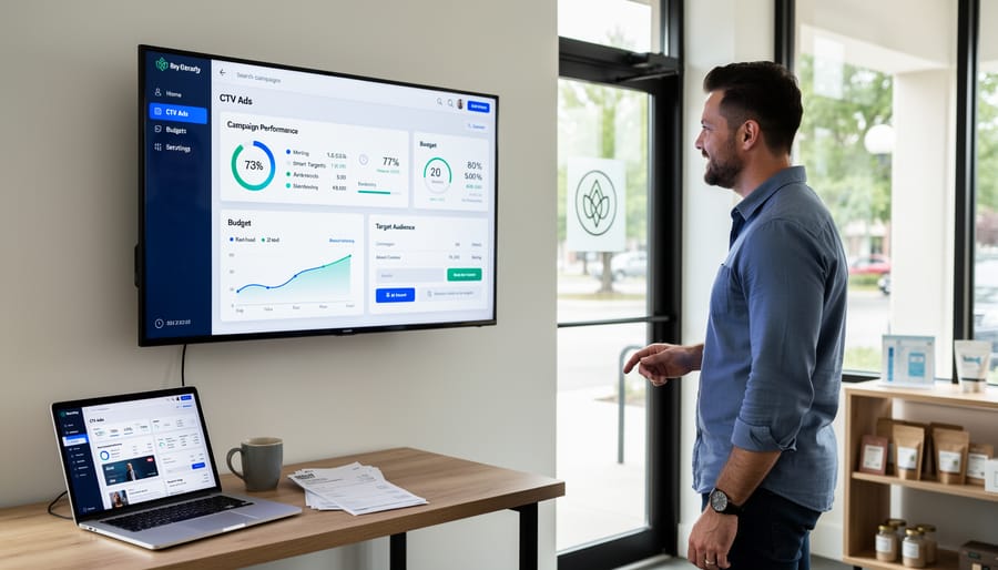 Small business owner planning CTV advertising campaign at desk with laptop and notes