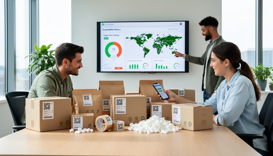 Sustainable packaging materials and digital monitoring tools arranged on workspace