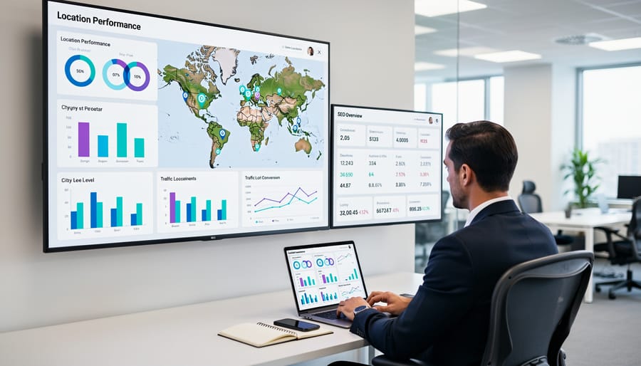 Overhead view of workspace with laptop, notebook, and smartphone displaying location tracking tools