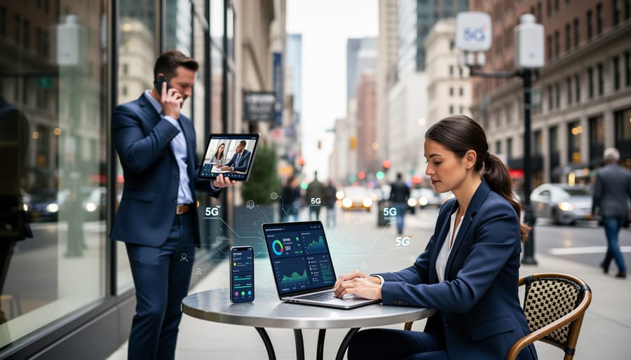 Business professional using 5G-enabled smartphone in modern office setting