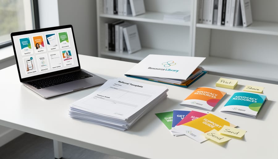 Overhead view of organized marketing and advocacy materials on desk including digital and print resources