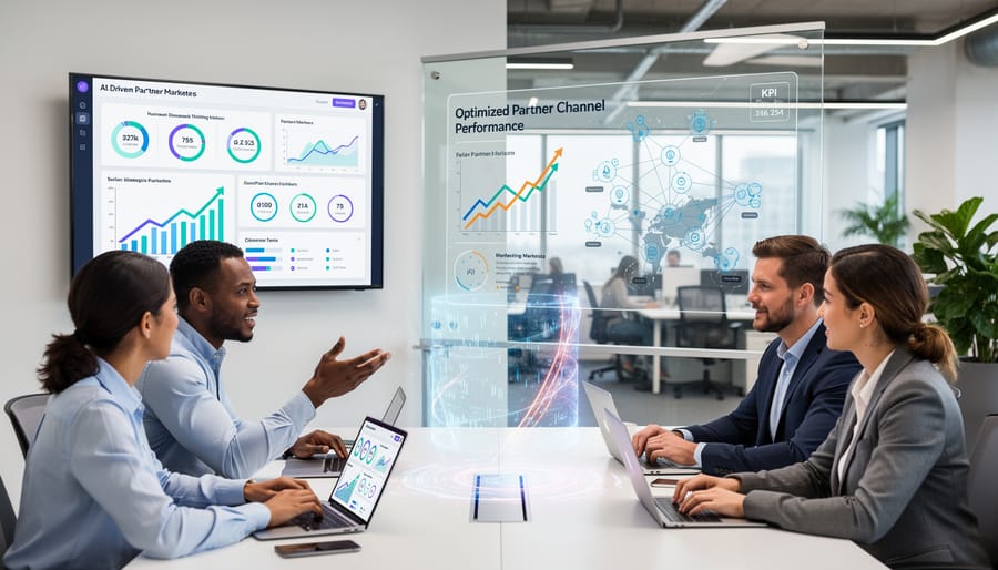 Business team collaborating with AI analytics on laptop in modern office