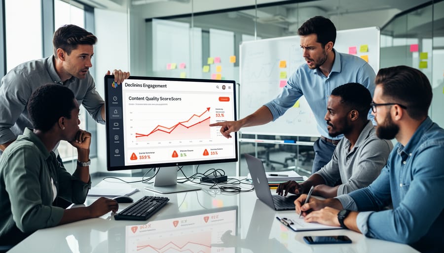 Marketing professional reviewing declining performance metrics on laptop dashboard