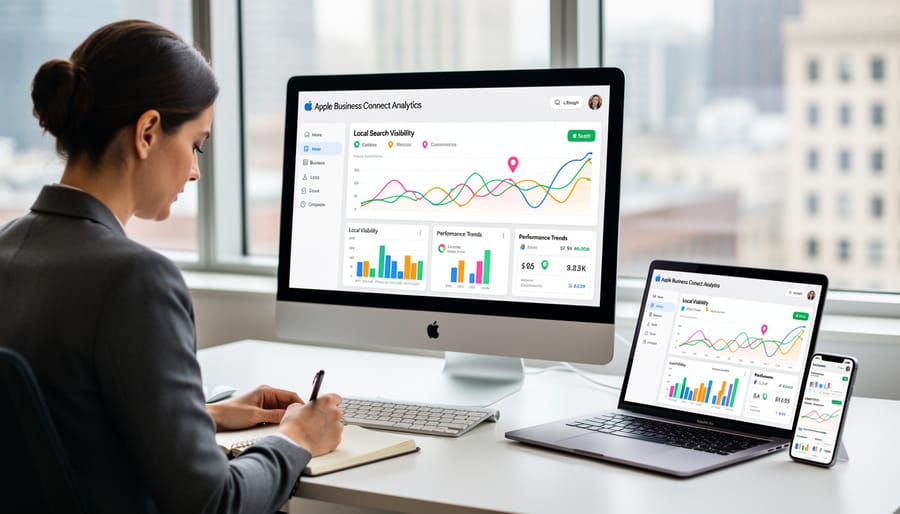 Business owner analyzing Apple Business Connect performance metrics on tablet