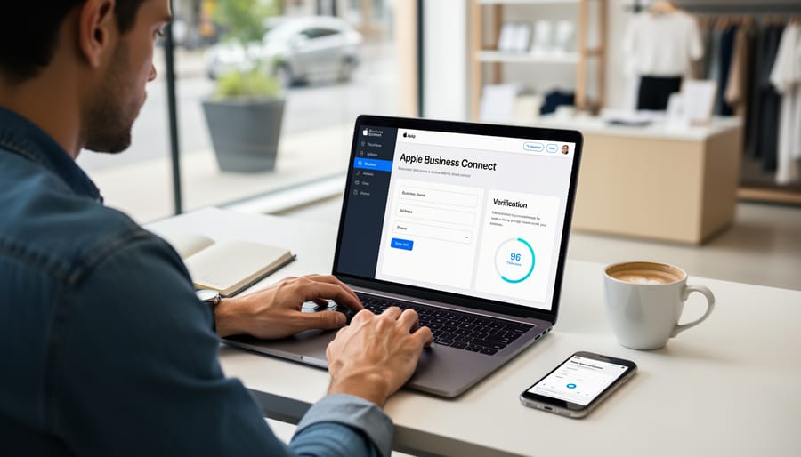 Person setting up Apple Business Connect profile on laptop with business documents