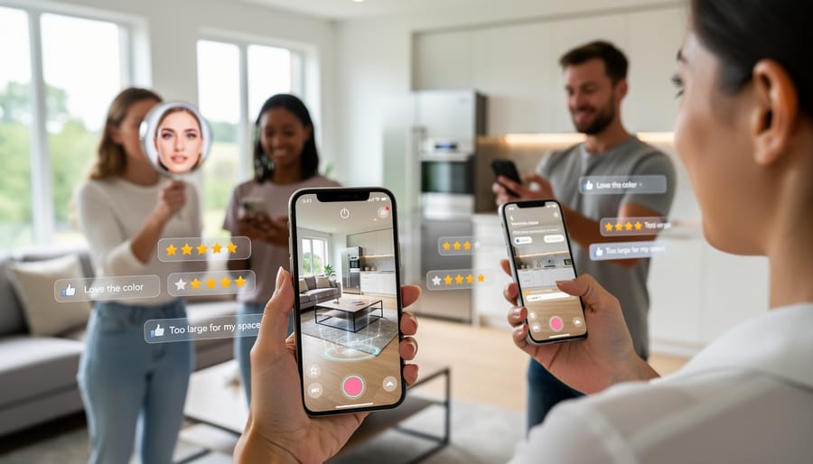 Person using smartphone AR application to visualize product placement in home setting
