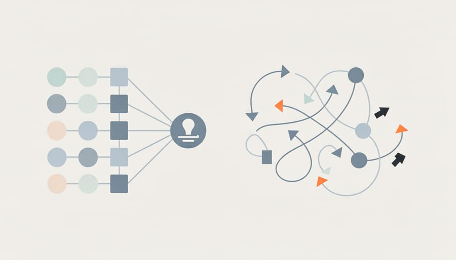 Business professional examining two diverging pathways representing different attribution approaches