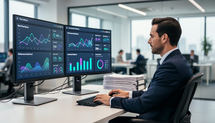 Professional workspace with multiple monitors showing business analytics