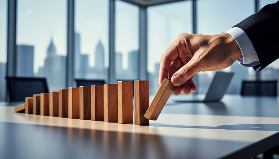 Close-up of a business professional’s hand halting a line of wooden dominoes on a desk in a glass-walled office, with blurred conference room, laptop, and city skyline in the background.
