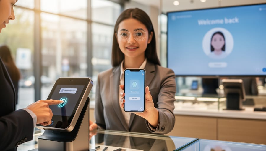 Business professional using smartphone with facial recognition technology in urban setting