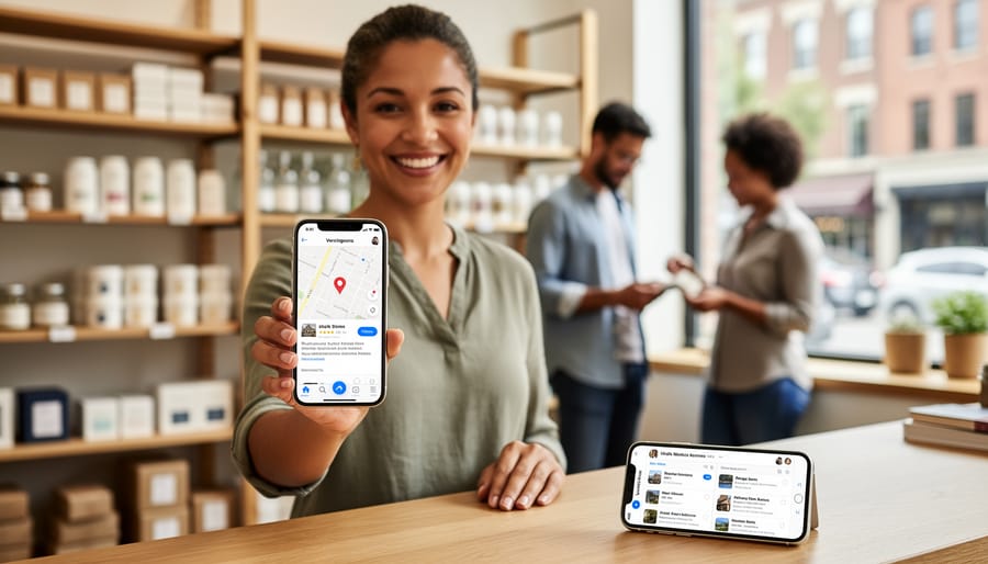 Business owners viewing their Apple Maps listings on iPhones in front of their storefronts