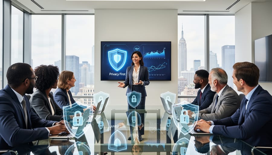 Business professional reviewing data privacy metrics in modern office setting