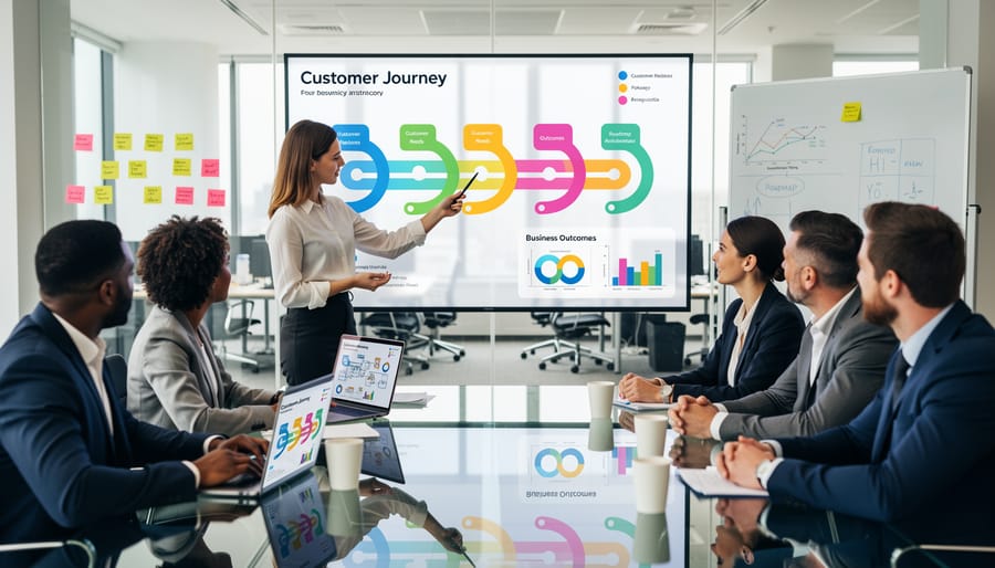 Business team collaborating on digital transformation strategy in modern office