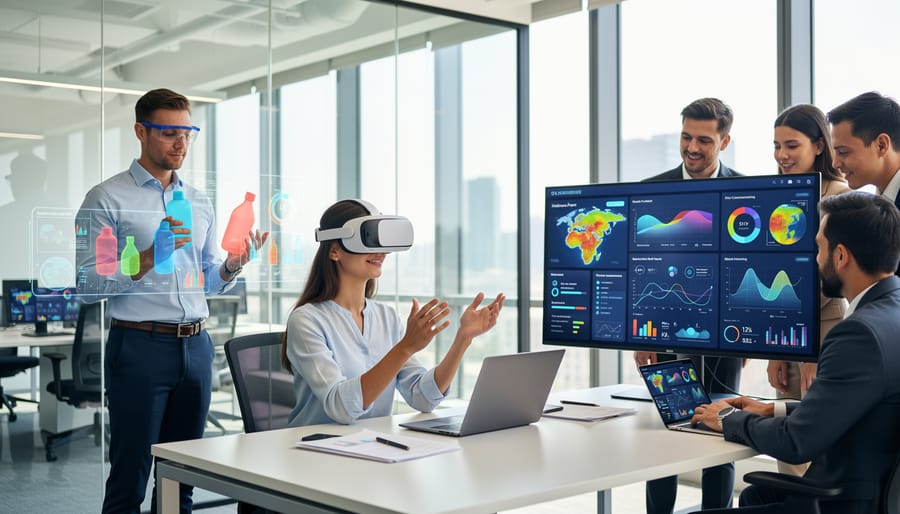 Business team collaborating with VR technology for market research analysis