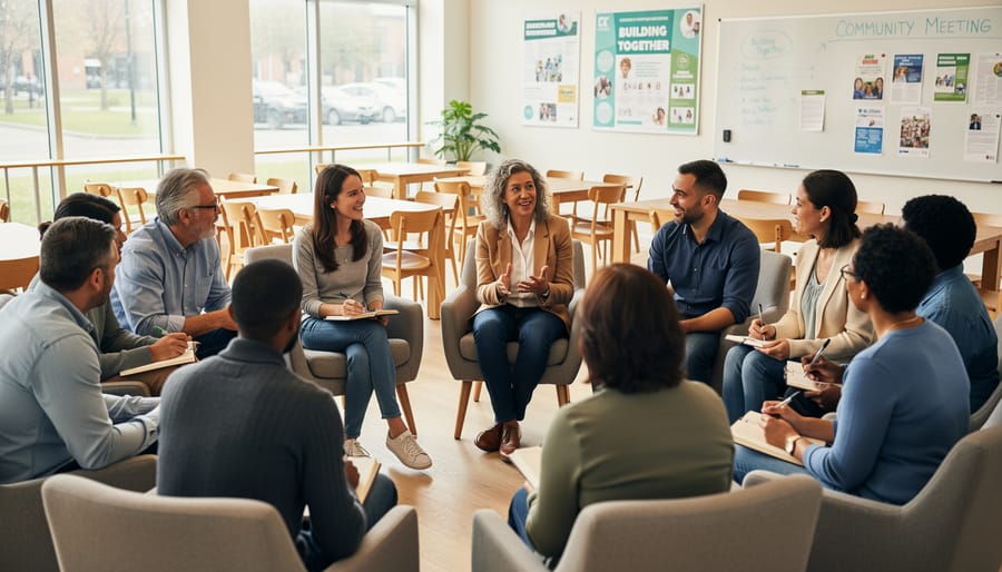 Diverse group of people engaged in collaborative discussion in modern office setting