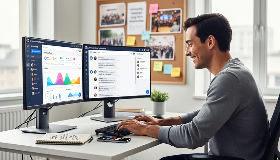 Community manager working at desk with laptop and smartphone showing social media engagement