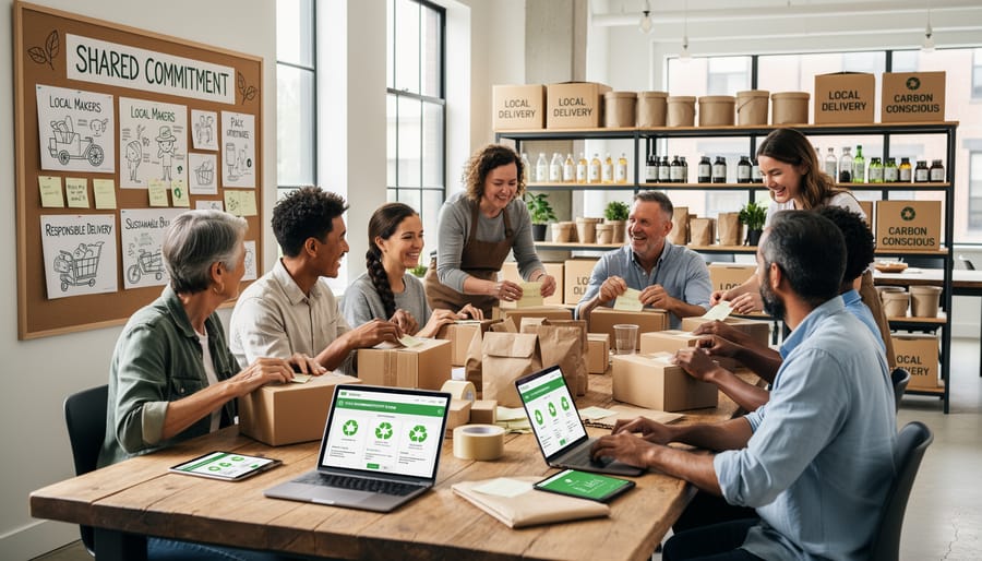 Overhead view of diverse community members holding reusable shopping bags forming a circle together
