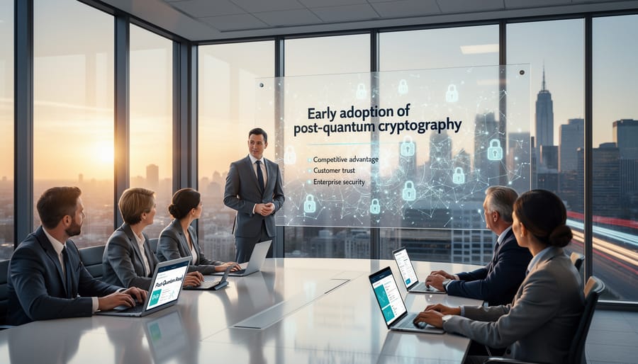 Business professionals entering modern office building representing forward-thinking leadership