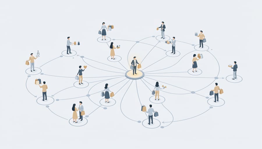 Diverse group of professionals connected by glowing network lines representing social influence patterns